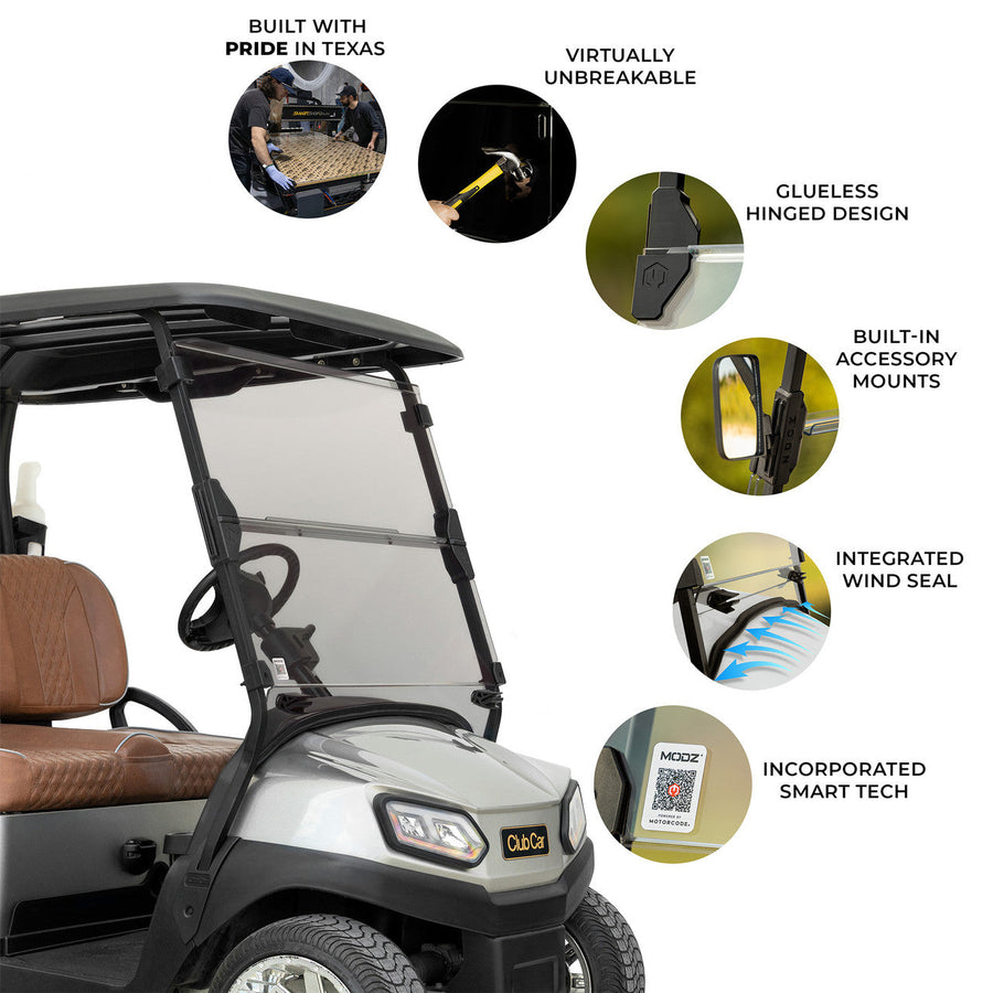 Golf cart with MODZ windshield features on a white background