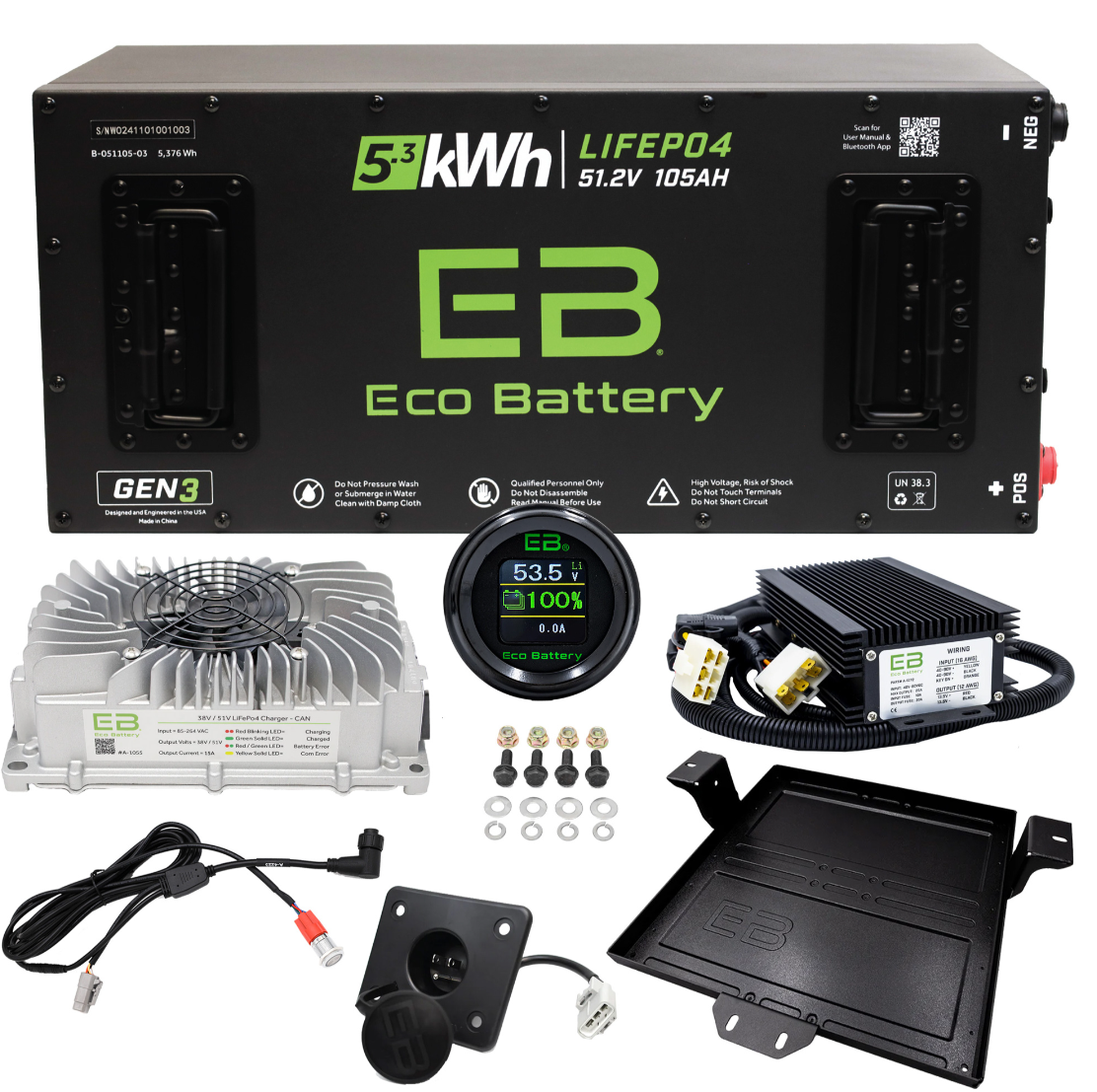 ECO Battery 51V 105Ah Skinny Battery Bundle, EZGO RXV (Factory Metal Tray)