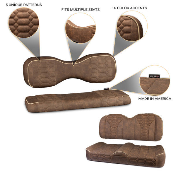An image showcasing brown custom rear seat covers for golf carts, with various patterns and accent colors.