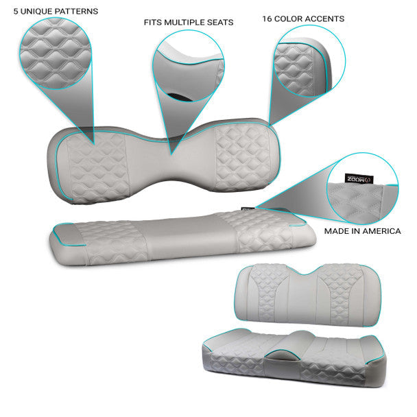 Custom rear seat covers for golf carts, showing a white base with a gray pattern and accent colors. Includes close-up views of the fabric and a pocket for storing small accessories.