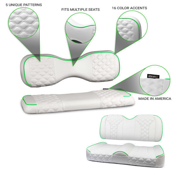 Custom rear seat covers for golf carts, white with green stitching, showing different patterns and pockets, with a logo and text.