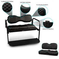 Custom golf cart rear seat kit with black base, showcasing various views and features such as pattern options, color accents, and the cargo bed.