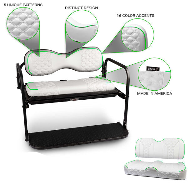 A white rear seat kit for golf carts, showing the seat cover and the black high-density polyethylene textured cargo bed.