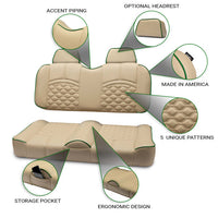Customizable khaki-colored golf cart seat with hand-sewn details, bolstered design, and a storage pocket