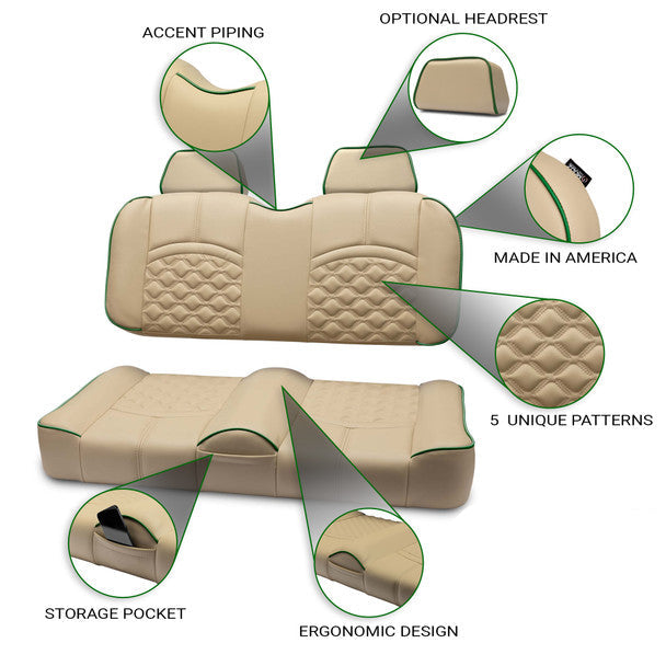 Customizable khaki-colored golf cart seat with hand-sewn details, bolstered design, and a storage pocket