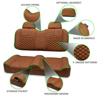 Customizable golf cart front seat covers in a rust base with detailed images showing accent piping, stitch patterns, and ergonomic design. Includes a storage pocket and is made in America.