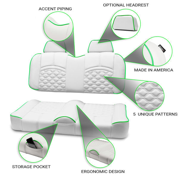 Customizable white front seat for golf carts with various highlighted features such as accent piping, storage pocket, and ergonomic design