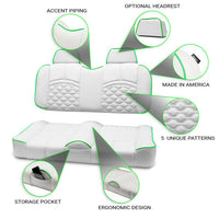 Customizable white front seat for golf carts with various highlighted features such as accent piping, storage pocket, and ergonomic design