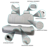 Customizable gray golf cart seat with accent piping, storage pocket, and stitched pattern