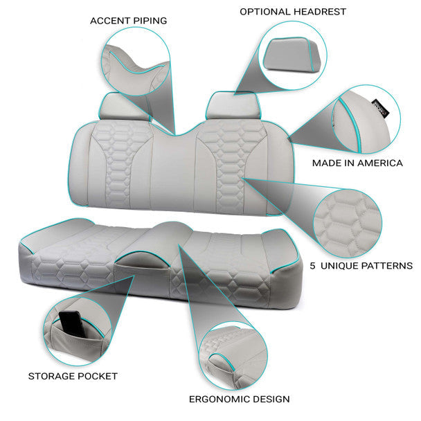 Customizable gray golf cart seat with accent piping, storage pocket, and stitched pattern