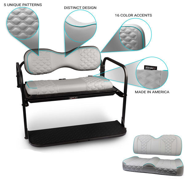 A gray base rear seat kit for golf carts, showing the seat cover and the cargo bed. It highlights multiple color options, distinctive design patterns, and accent colors.