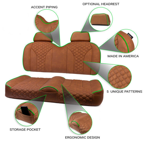 Brown car seat cover set with features highlighted on a white background